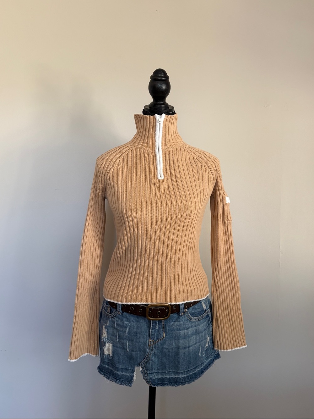 Y2K DKNY Ribbed Knit Quarter Zip Sweater Camel Tan 2000s Preppy